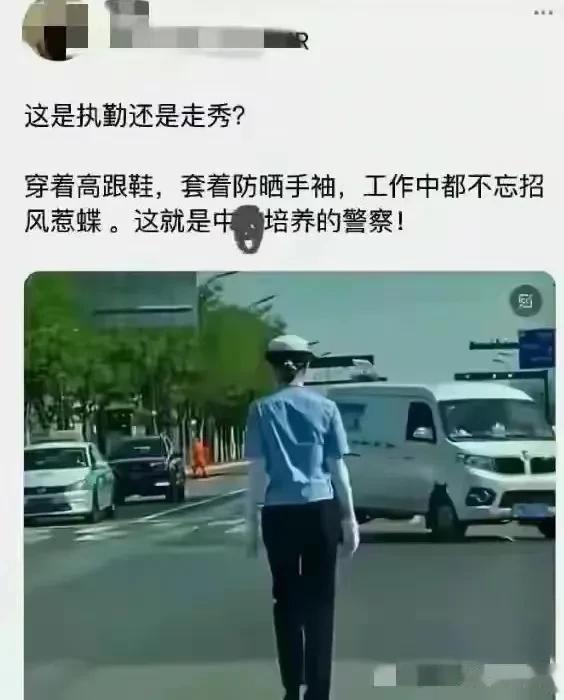 “走路扭屁股，穿高跟鞋，带袖套？这是在执勤还是在招蜂引蝶？”这几天，一位女交警被