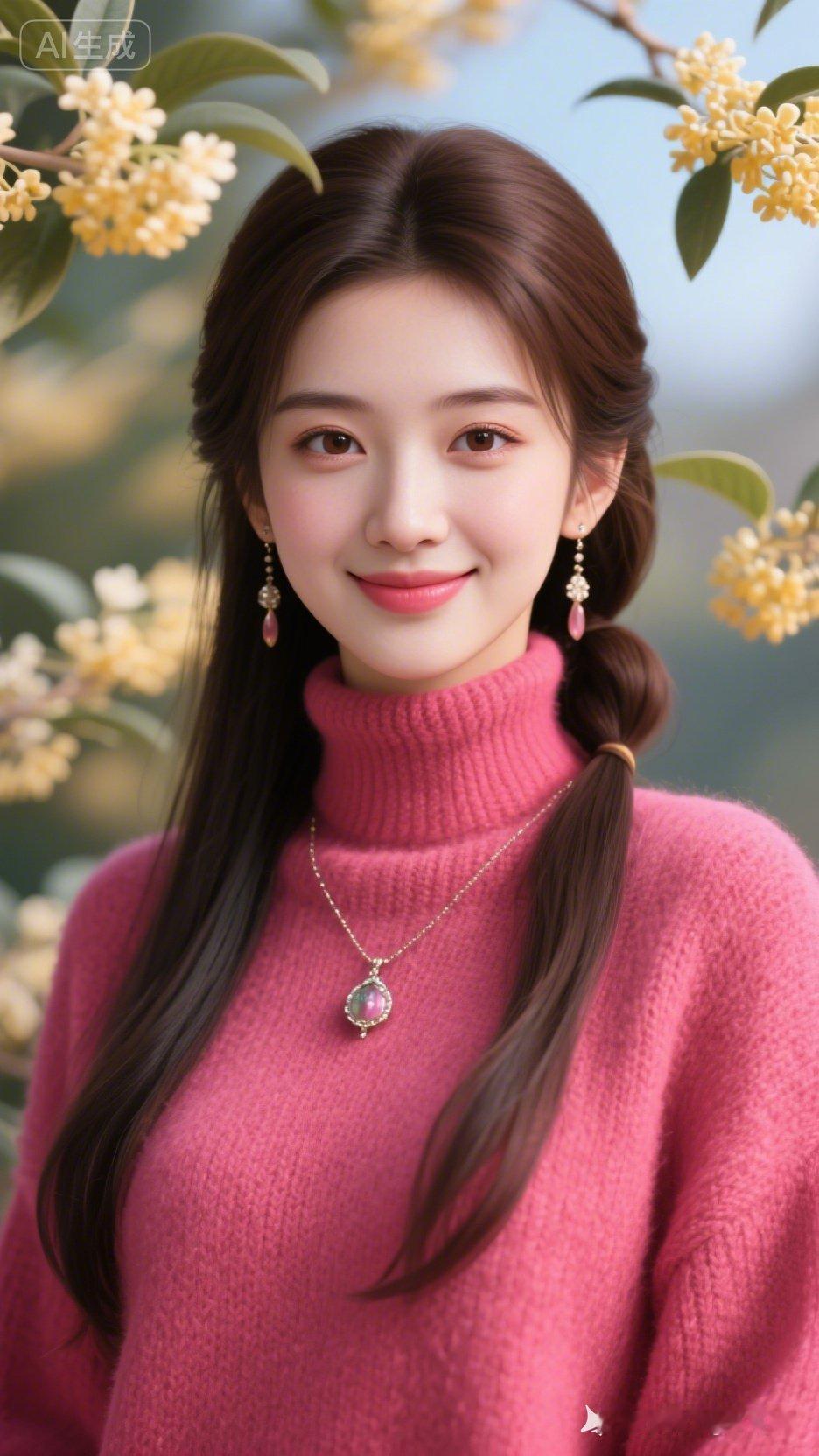 粉嫩少女心，甜美笑容，粉色毛衣与花朵相映成趣，元气满满的一天！🌸💖