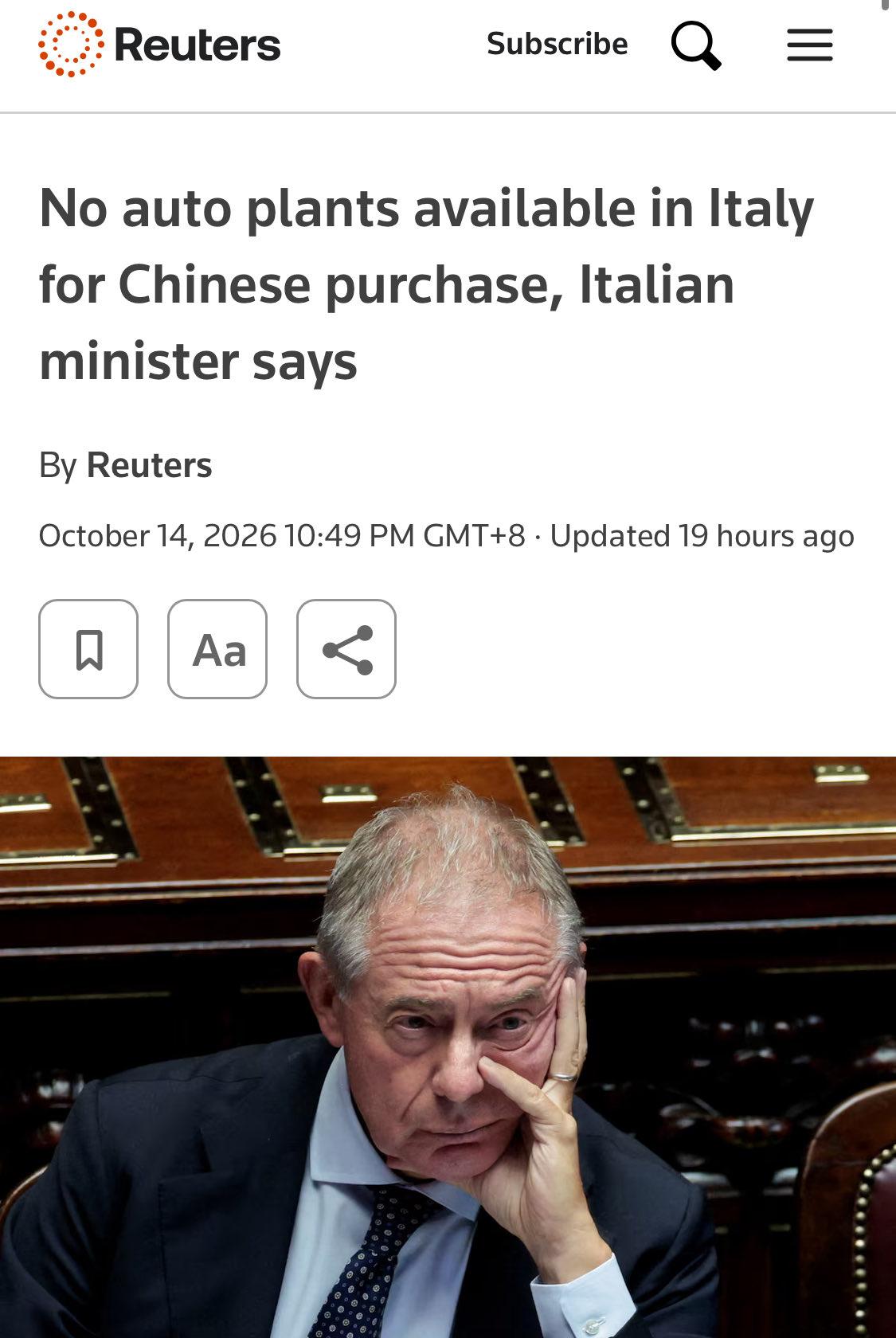 中国车企在欧洲找工厂，意大利却没厂可买...
意大利工业部长表示，中国车企来考察
