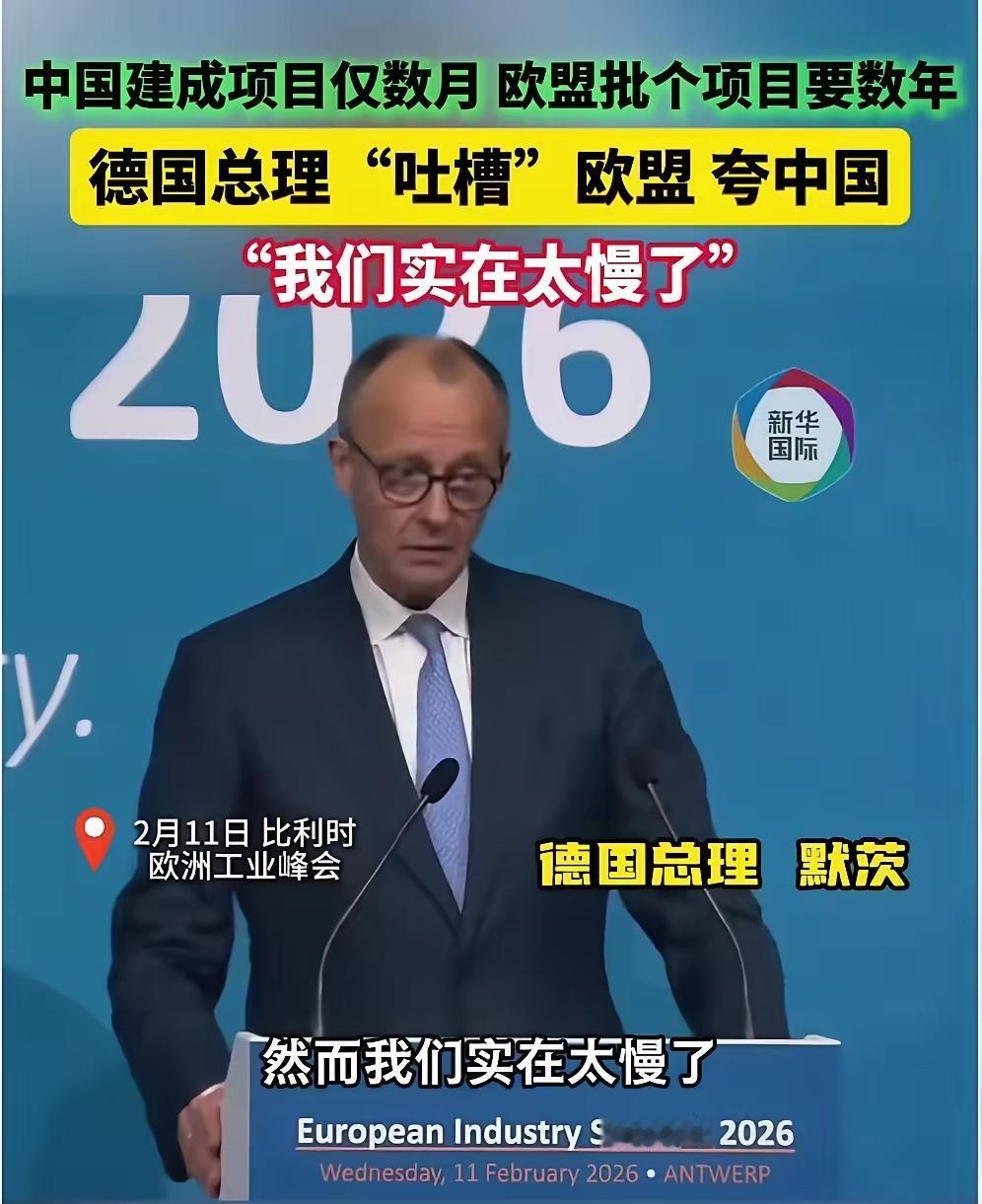 德国总理默茨，2月11号在布鲁塞尔，站在欧洲工业峰会的台子上，对着台下400多个