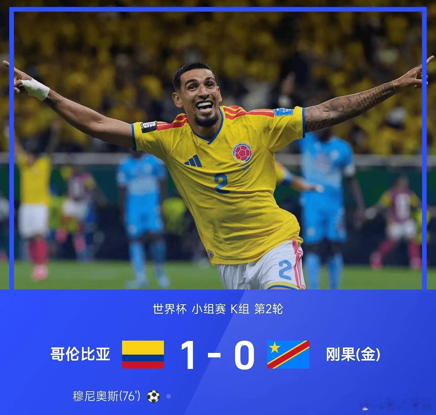 26赛季世界杯小组赛K组第2轮，哥伦比亚1-0战胜民主刚果。全场比赛，穆尼奥斯1