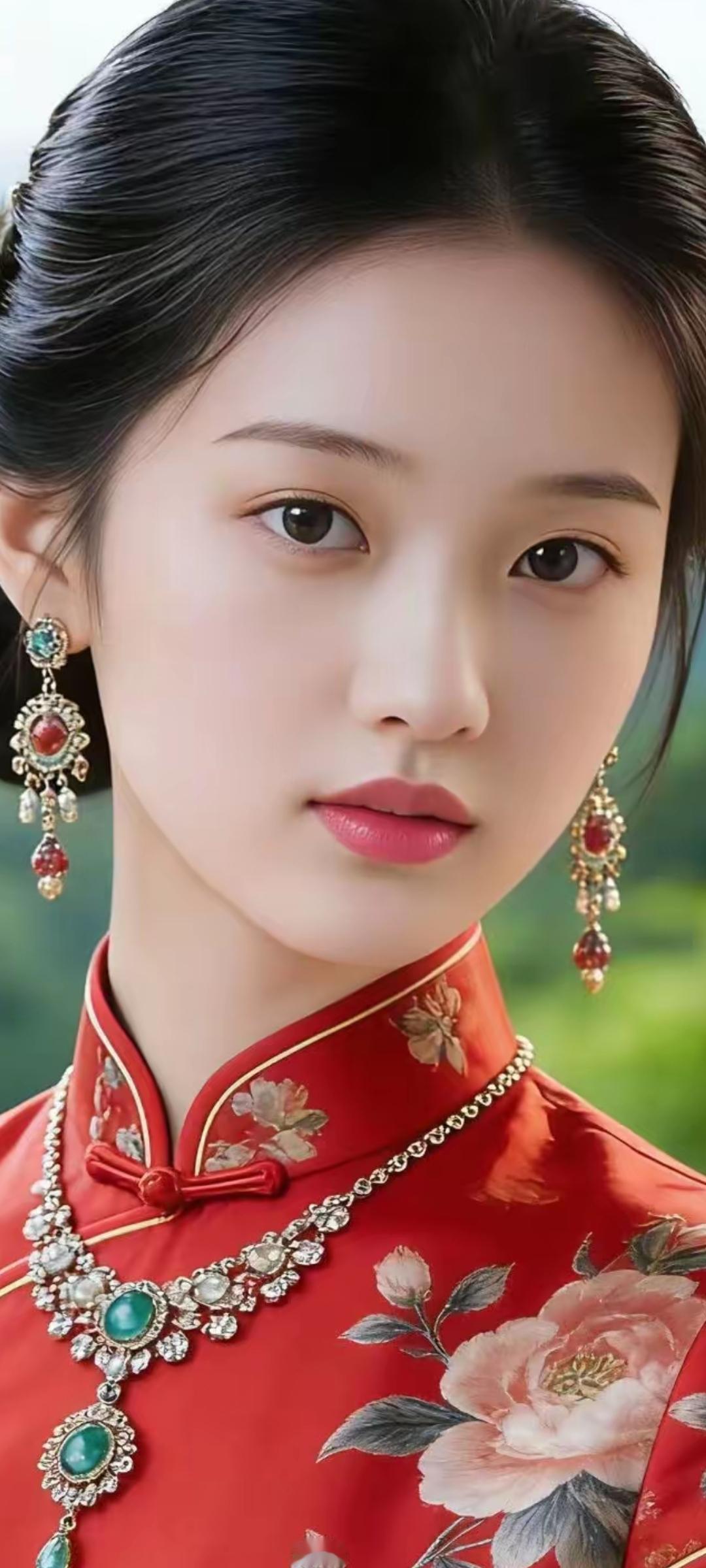 惊艳的古典美人，红衣华服，珠宝闪耀，宛如画中仙子。