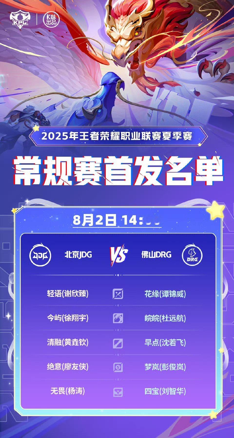 2025KPL夏季赛今日首发名单 ​​​