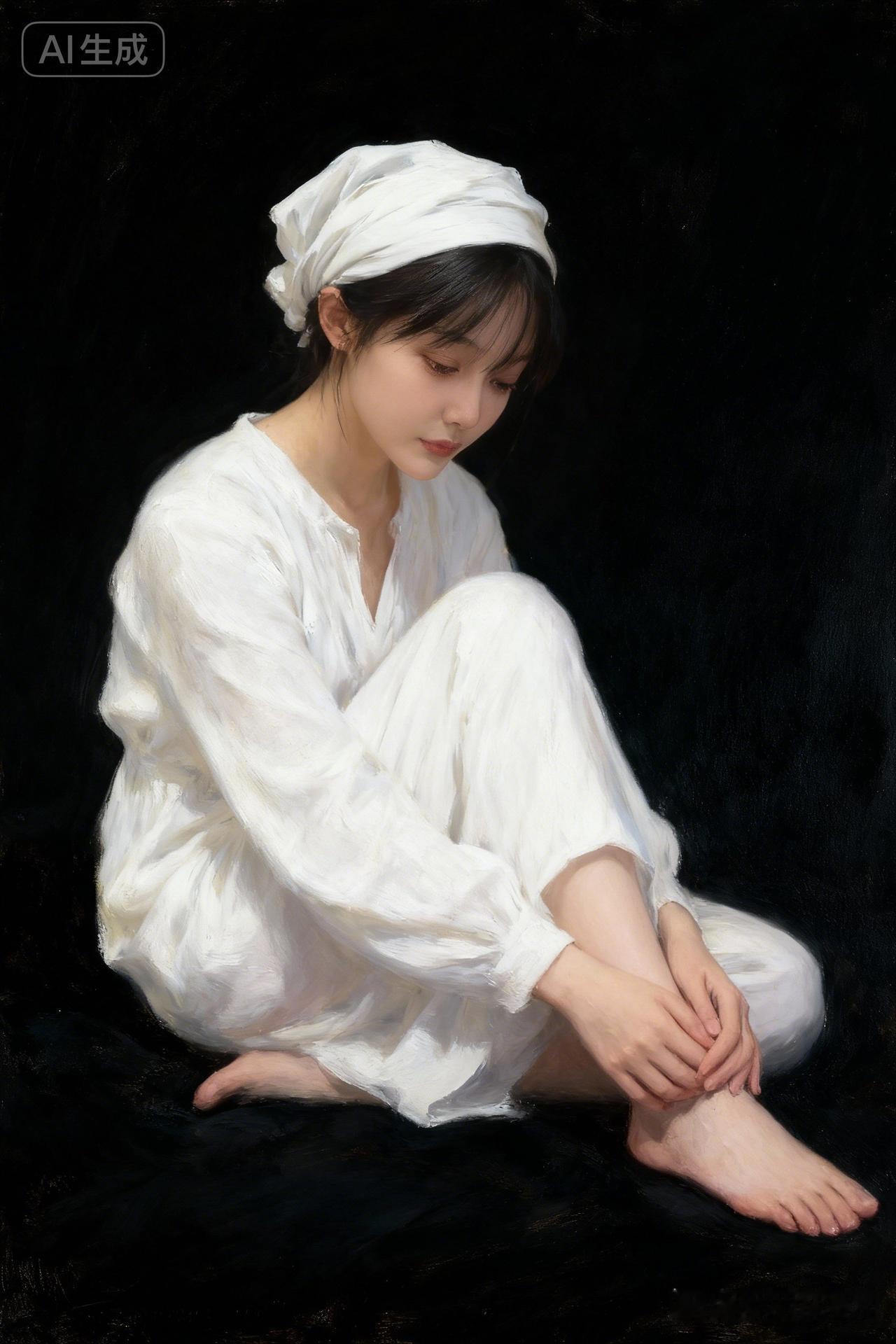 画面散发出一种宁静的忧郁和深沉的思索之感，不知她是在沉思、祈祷，还是略带忧伤。