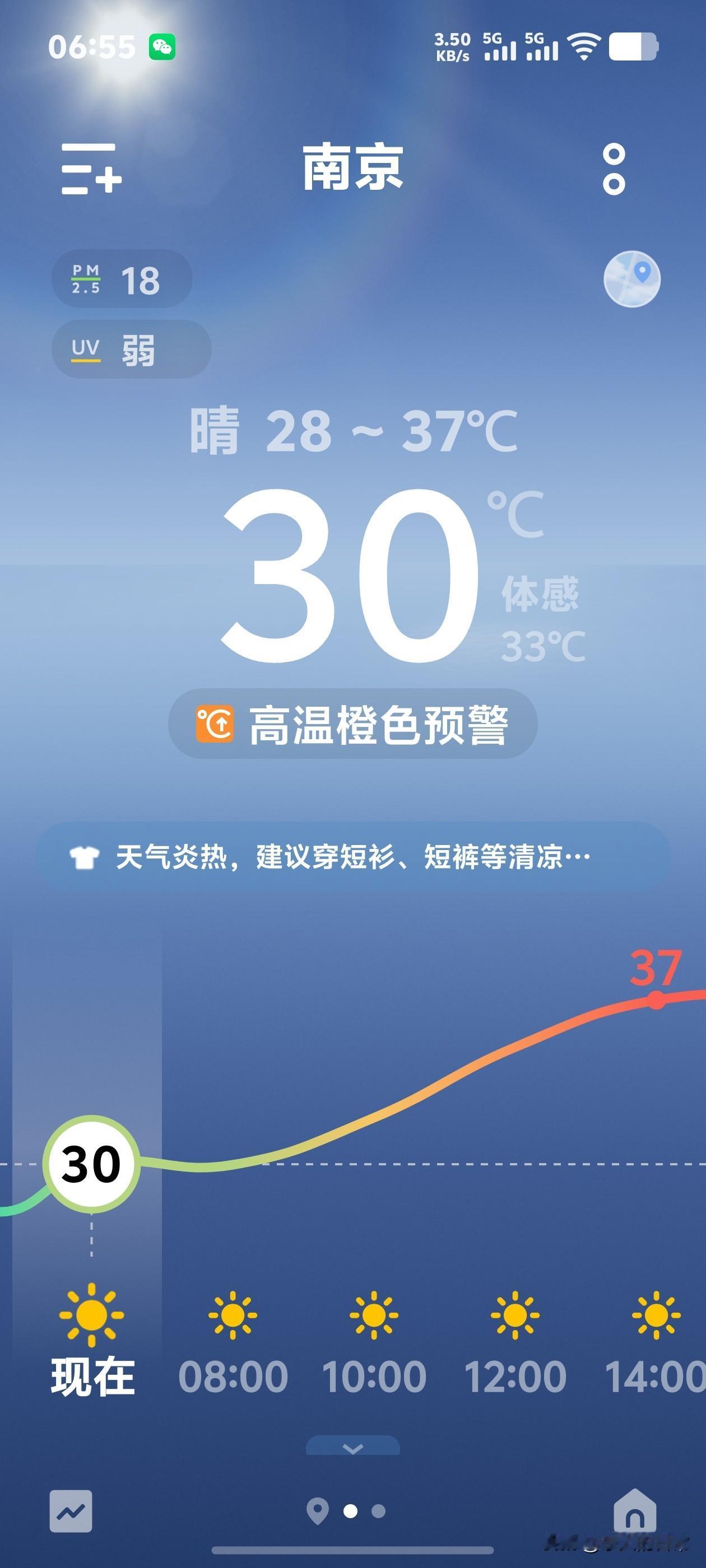 今天南京发布了高温橙色预警，南京的朋友们，注意防暑降温哦！

早上六点不到，看到