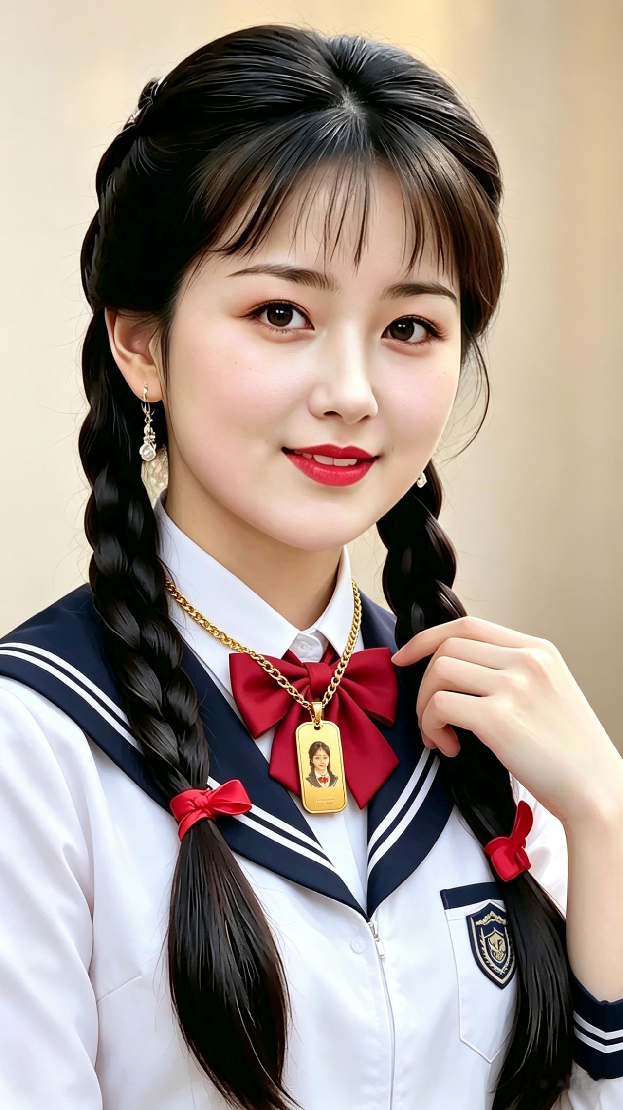 女士佩戴金色钛钢军牌吊坠项链，方形牌面刻印缩小半身肖像，搭配精致金色古巴链。金属