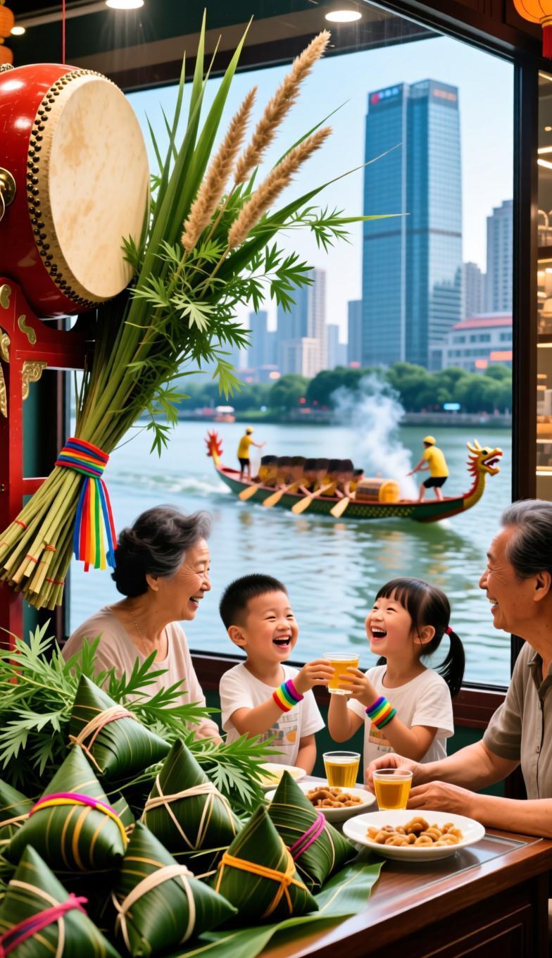 都市端阳
 
昔时江上鼓喧天，今市橱窗堆箬鲜。
高楼斜插蒲一束，屏幕遥看竞渡船。