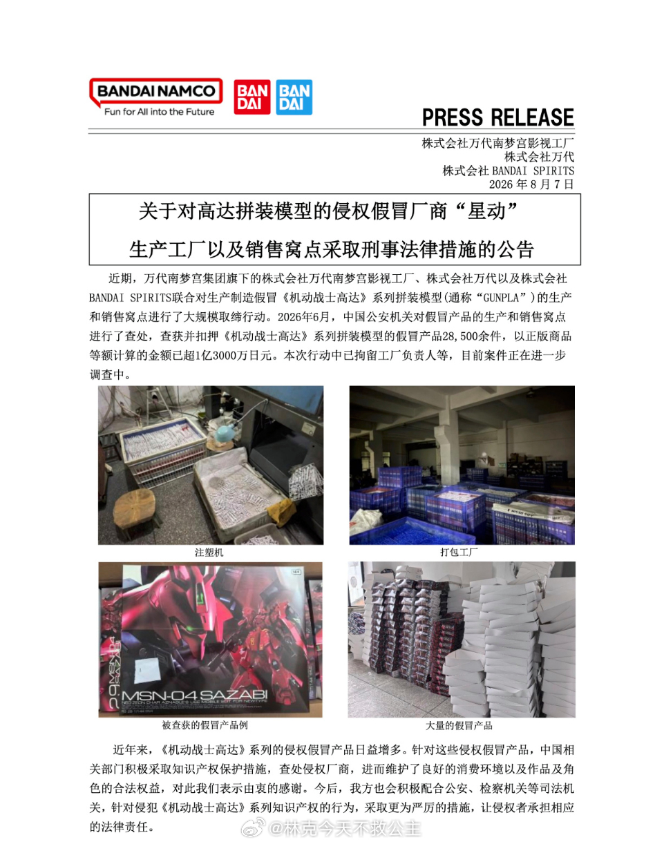 高达模型盗版厂“星动”生产窝点被公安机关依法取缔，星动工厂负责人被拘留 。高达模