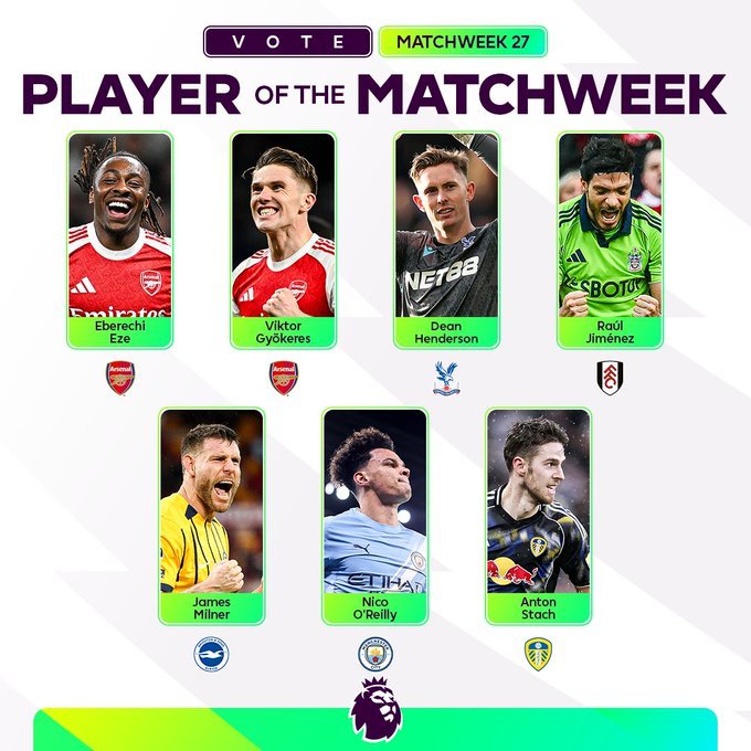 埃泽&约克雷斯提名英超本轮最佳球员阿森纳 英超联赛 热刺1比4阿森纳