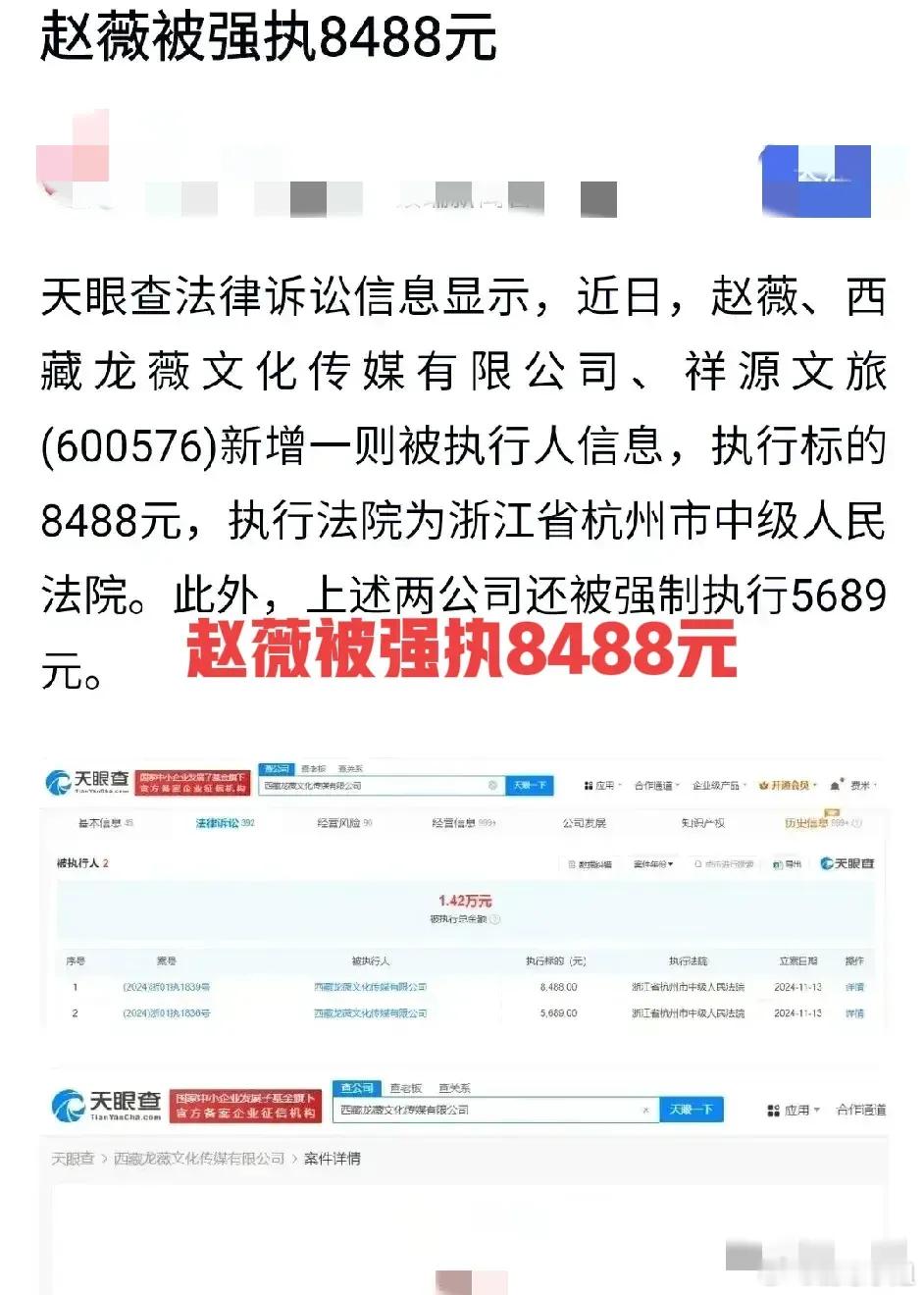 赵薇公司被强制执行14177元 曾经顶级208，怎么落寞到8848元不还的程度？