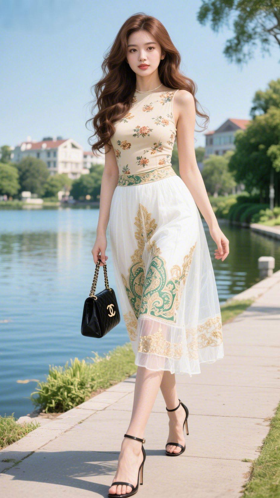 《湖畔晴光里的裙影》
 
风携着湖岸的潮气漫过石径，夏意便栖在了裙角。
 
她循