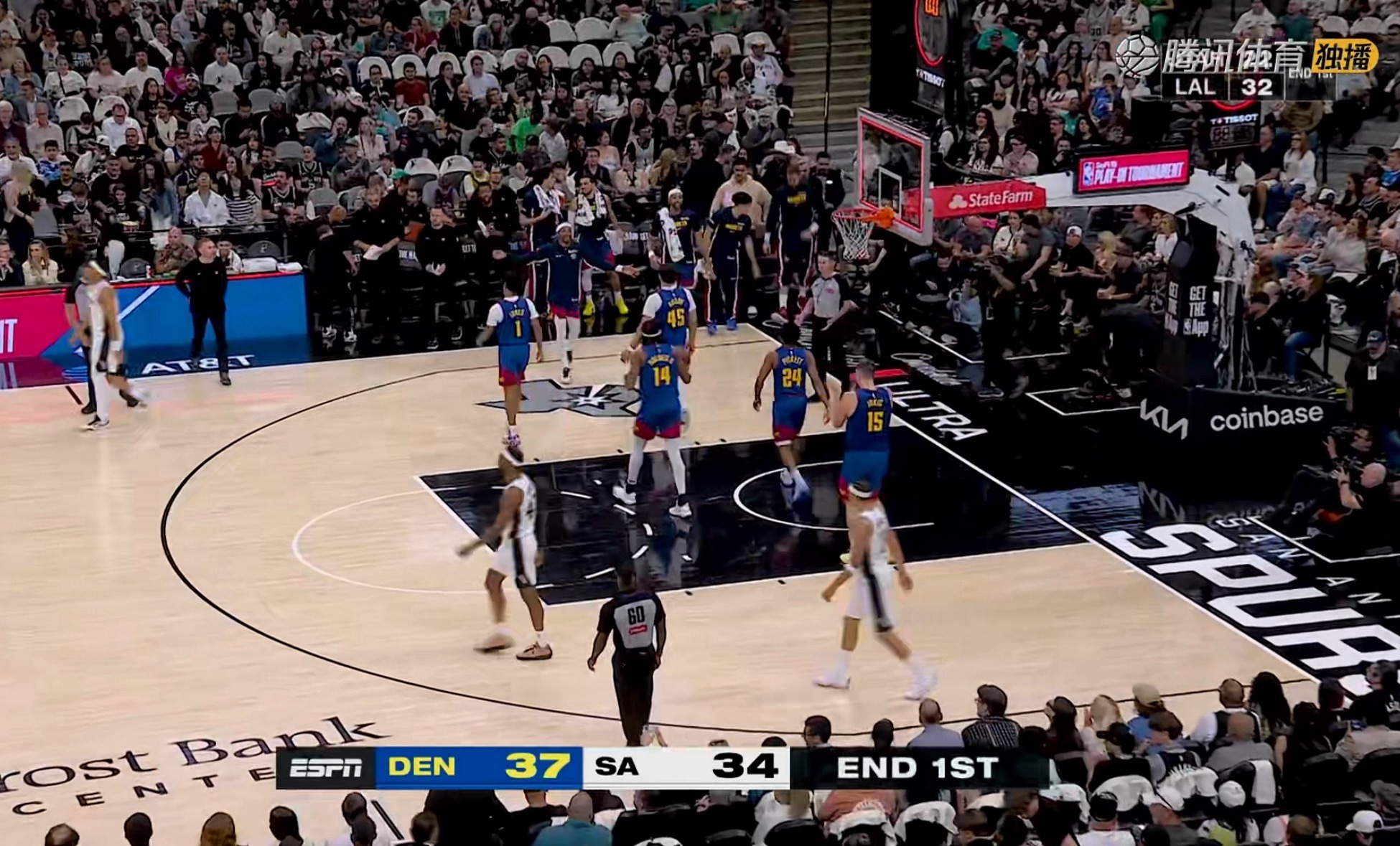 掘金第一节领先马刺3分。掘金vs马刺