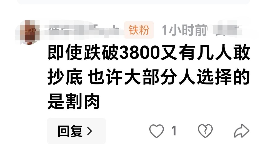 基金：即使跌破3800点，又有几人敢抄底，也许大部分人选择的是割肉。 这是一位朋