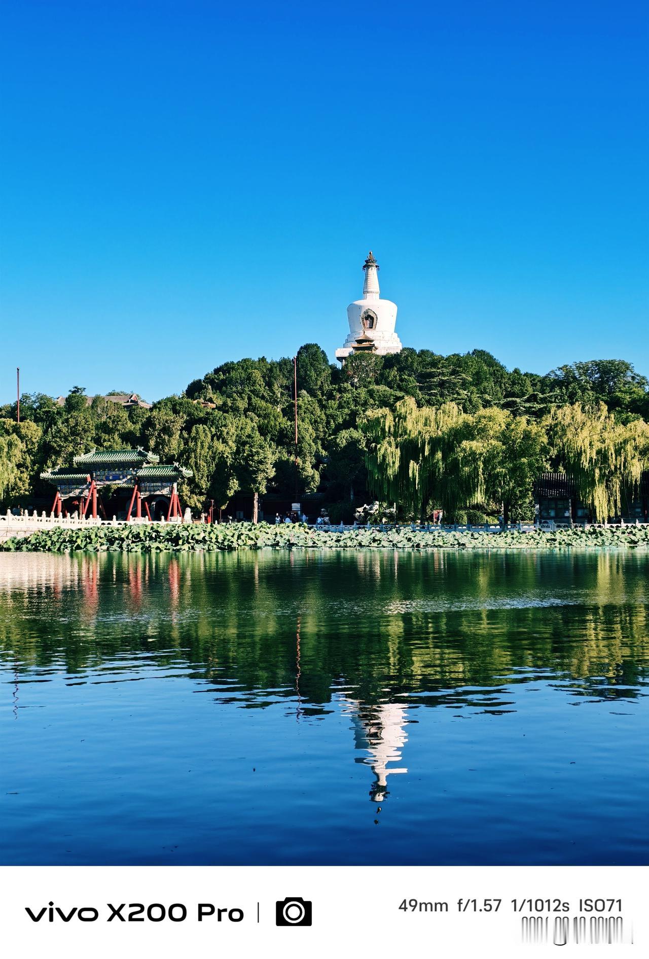 九月北京北海公园，秋高气爽，清晨第一缕阳光，“白塔”金碧辉煌，随手一拍，景色宜人