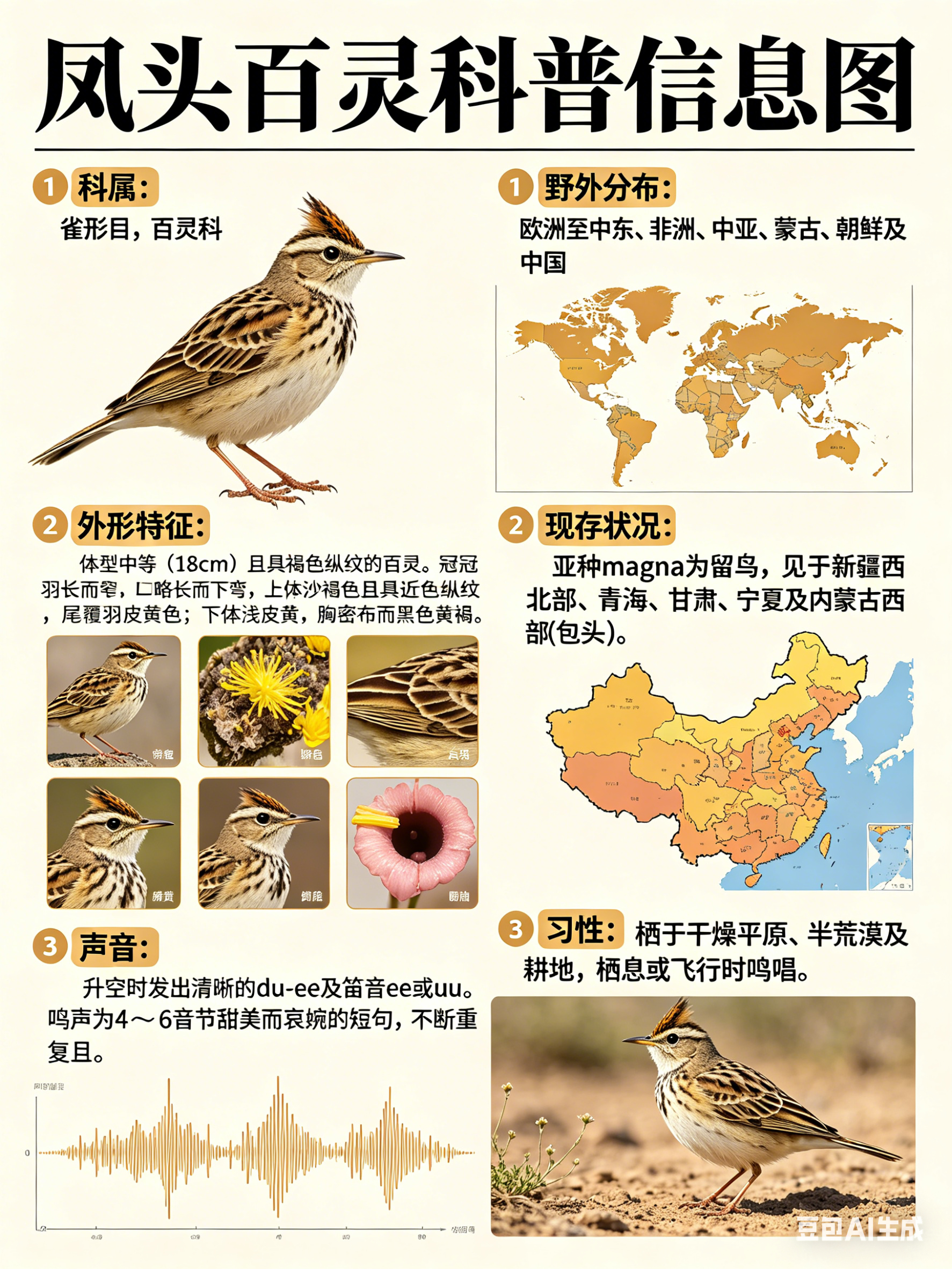 鸟类朋友图鉴 凤头百灵·科属：雀形目，百灵科。·外形特征：体型中等（18cm）且