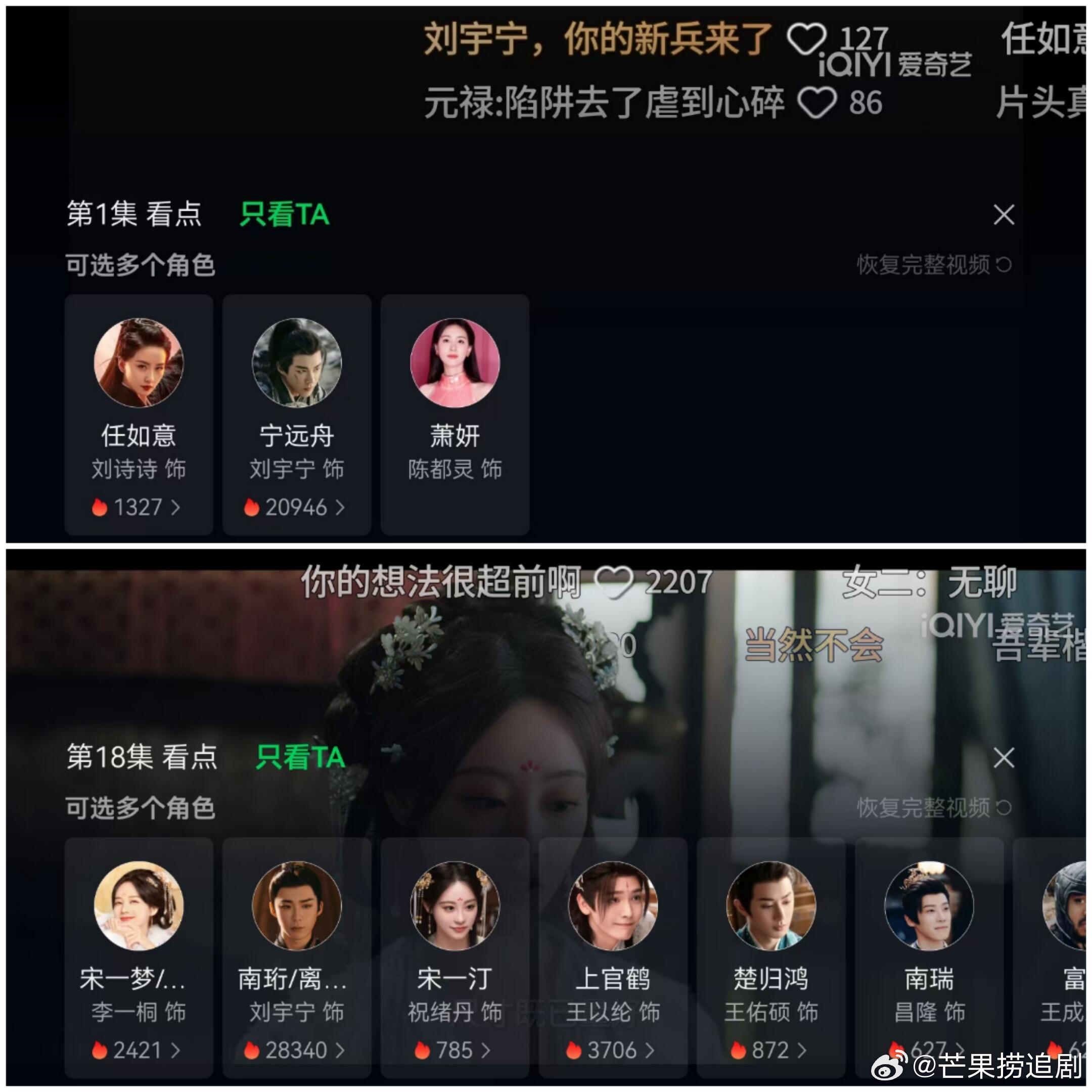 爱奇艺“只看ta”热门生热度数据，前三角色分别是邓为《仙台有树》苏易水，成毅《莲