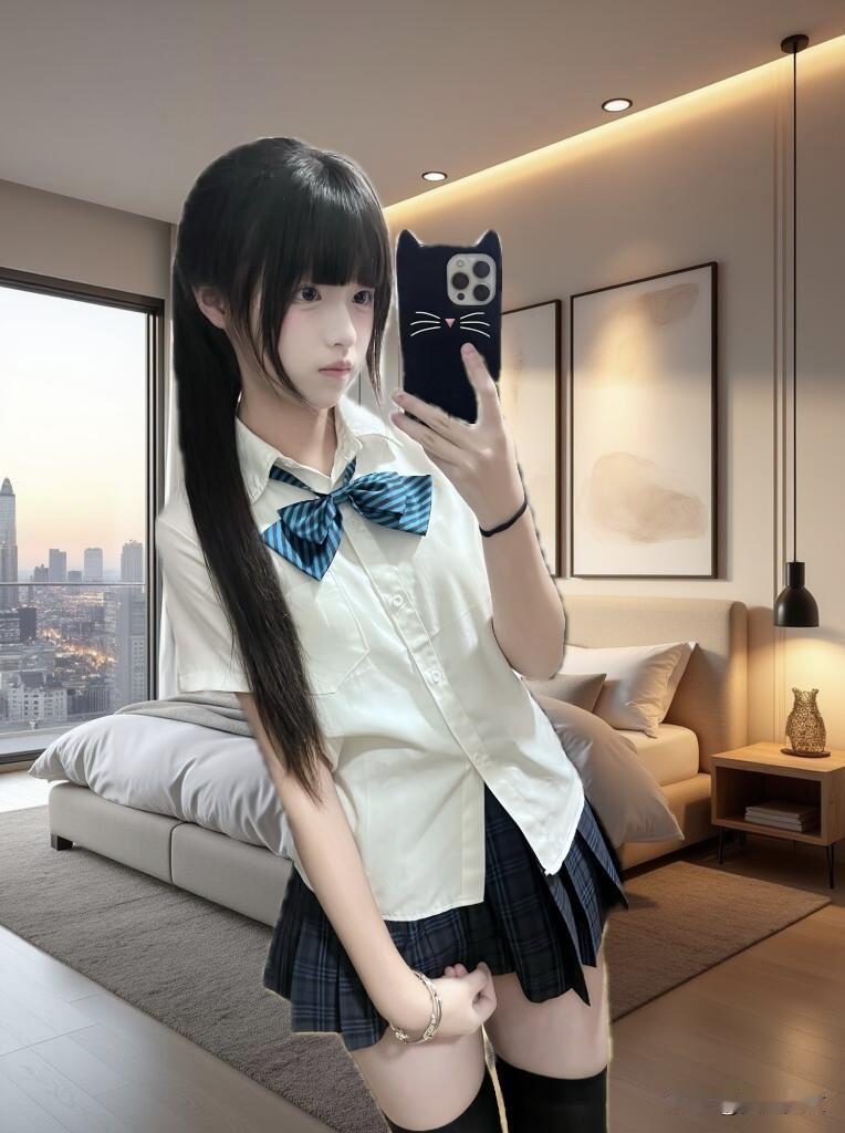 元气少女在窗边自拍，城市天际线作背景，猫手机壳萌趣可爱。