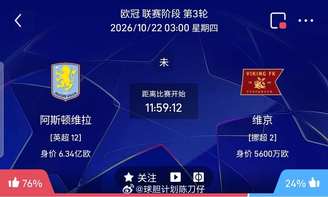 【足球】周三008欧冠方向：维拉vs维京欧冠：维拉VS维京时间：2026-10-