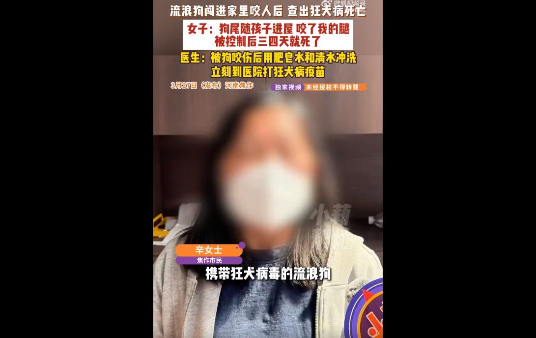 河南焦作一女子被尾随孩子进屋的流浪狗咬伤腿部，该狗被控制后三四天死亡，经查确诊狂