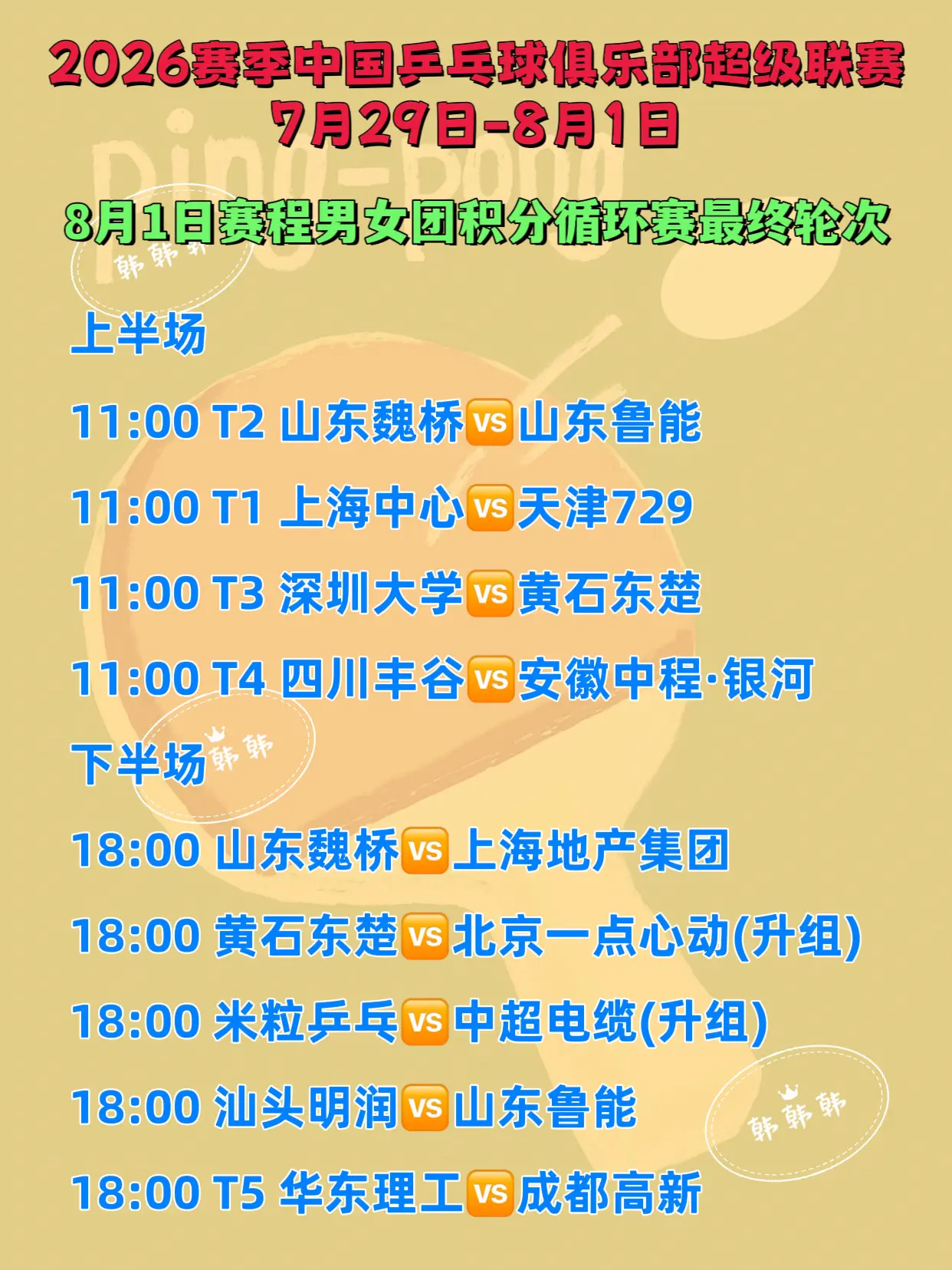 中国乒超联赛。8月1日最终轮次赛程