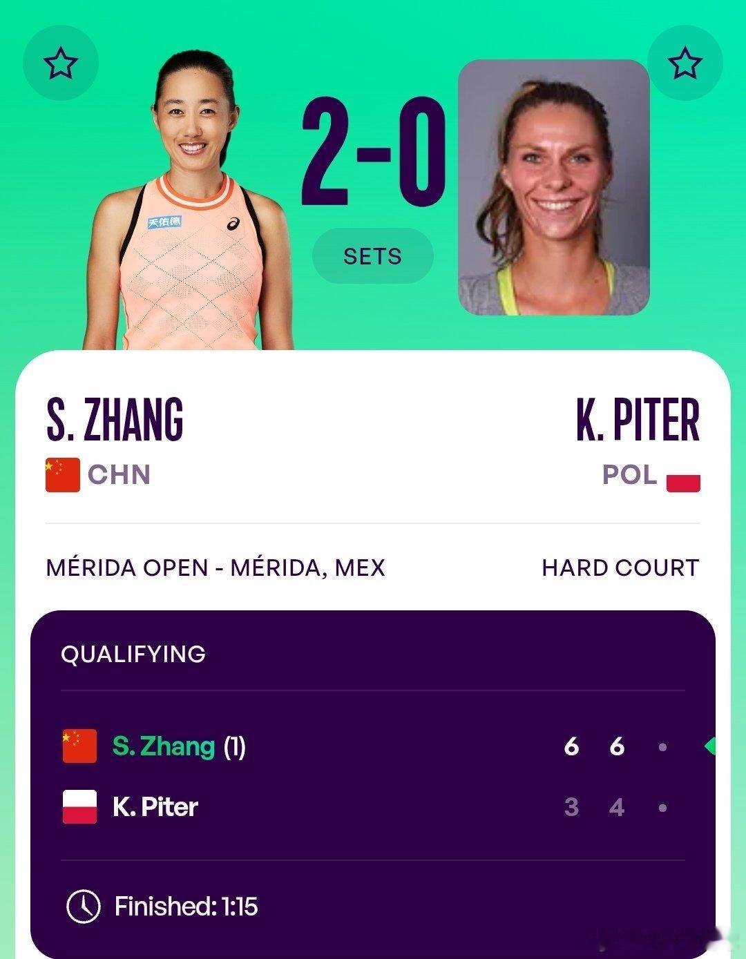 WTA500梅里达站🇲🇽资格赛第一轮张帅🇨🇳6-3/6-4战胜皮特尔🇵