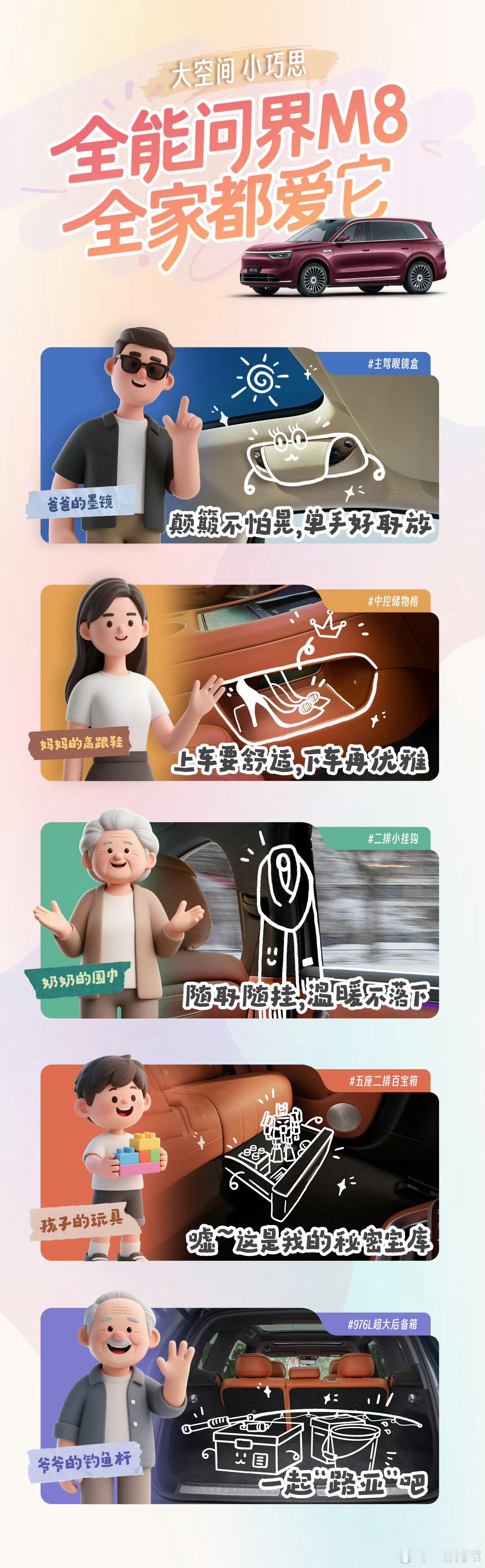 问界M8的储物空间确实非常丰富。我是比较喜欢中控下面储物格整块挖空这种形式的，你