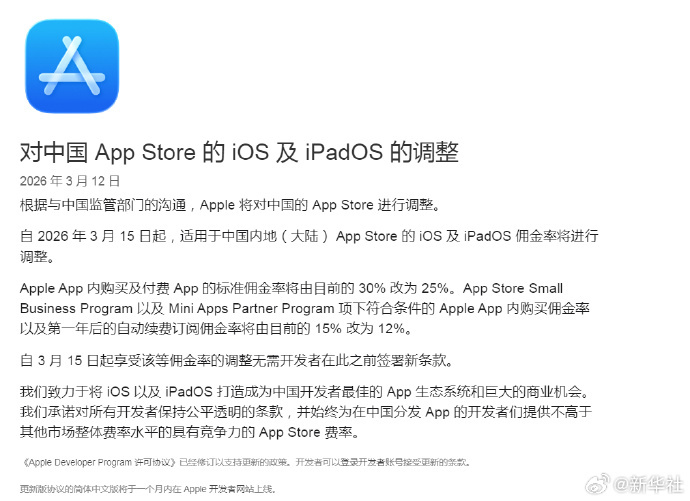 【苹果下调中国应用商店佣金率】记者13日从苹果开发者官方网站获悉，根据与中国监管