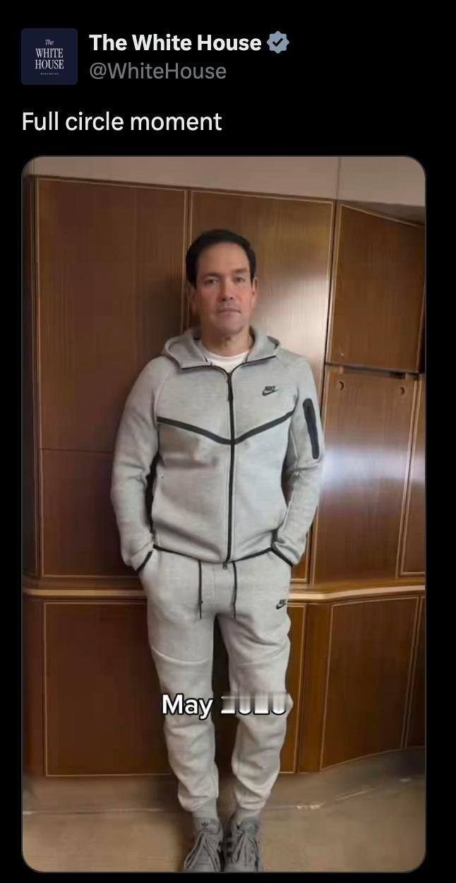 鲁比奥随行访华 美国国务卿鲁比奥登机穿了一套委内瑞拉总统马杜罗同款的运动服 