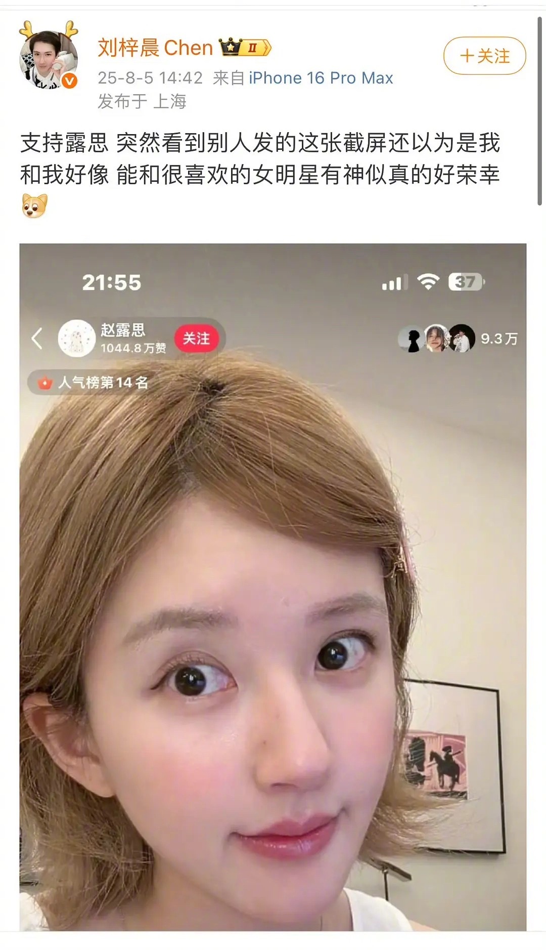 刘梓晨说赵露思和他好像，看到这张截图还以为是他自己 赵露思说很难想象普通上班族出