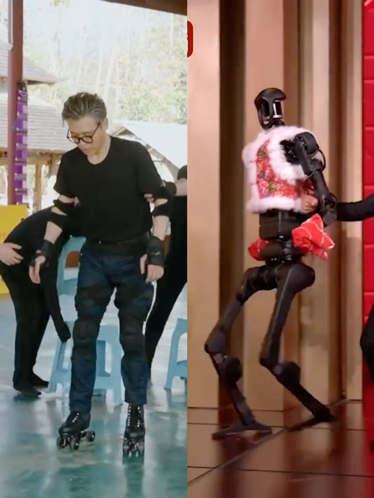 李乃文轮滑像春晚机器人 叼着水杯已经很不容易了，还要穿着轮滑走路。李乃文那个步伐