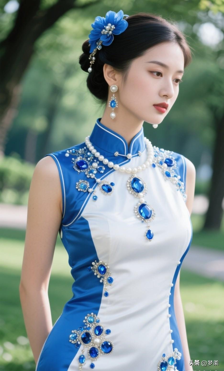 20岁女性适合旗袍吗一袭蓝白旗袍，缀满珍珠与蓝宝石，搭配同色系头饰耳饰，古典韵味