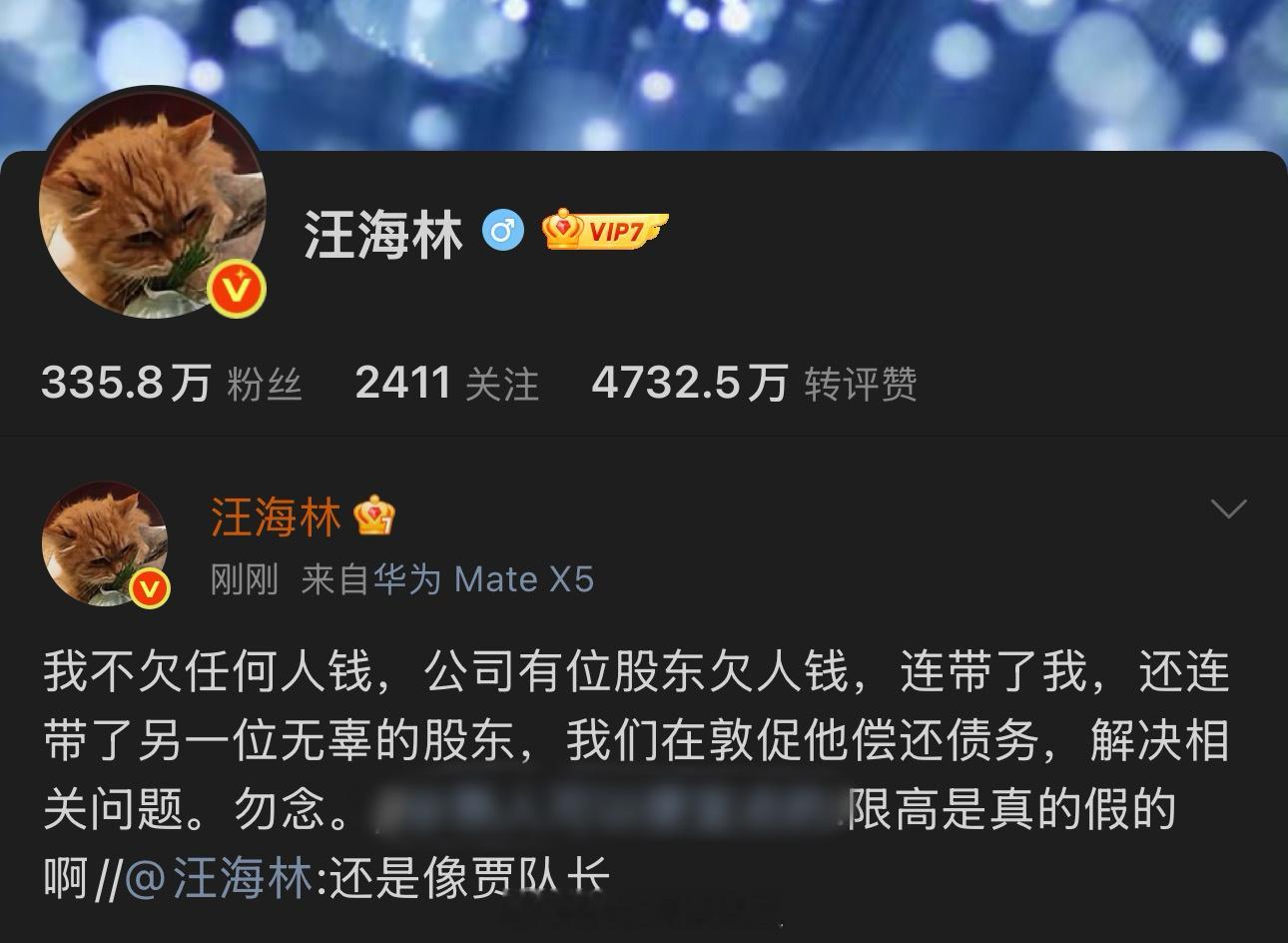 汪海林限高汪海林回应限高：公司有位股东欠钱连带了自己 