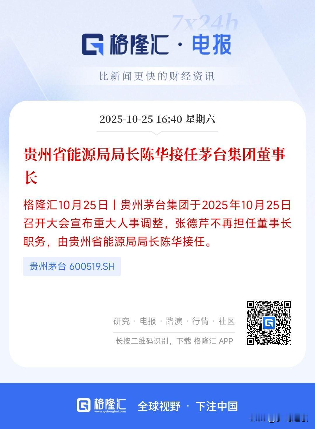 大消息，股王茅台公司还是换帅了
今日公告，茅台集团宣布了人事变动，董事长职位由原