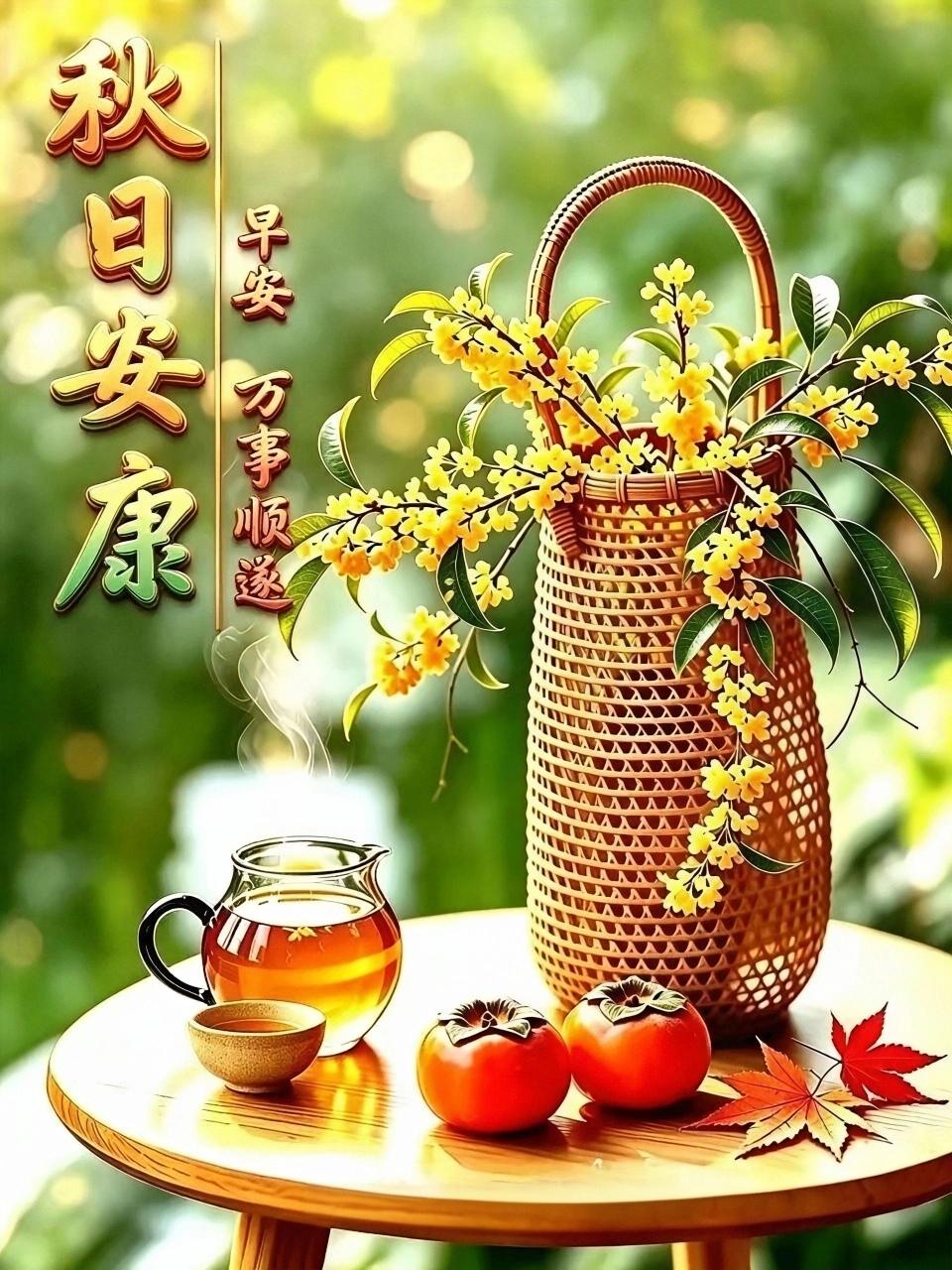 秋日桂香漫溢，柿子红透，一杯热茶暖透心扉。早安，晨风轻吟，岁月安然，愿诸事顺遂！