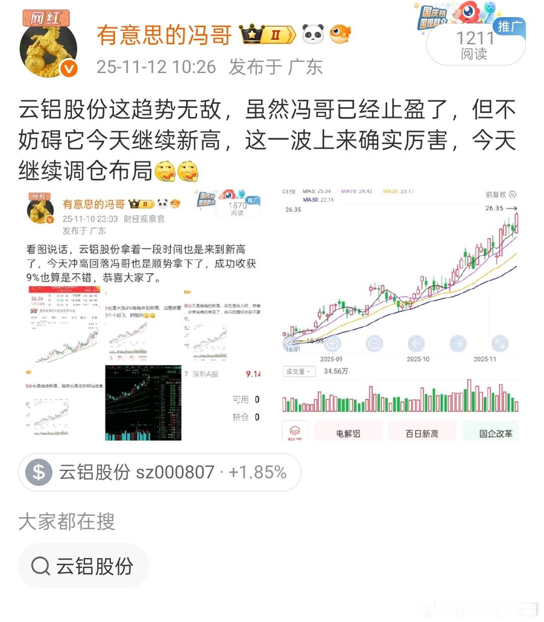 看图说话，昨天冯哥说了继续调仓布局云铝股份，今天又是稳稳的新高，就问大家给不给力