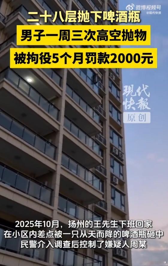 男子一周3次从28楼扔垃圾被判刑  真没素质，不知道爸妈怎么教的 这种人真坏到骨