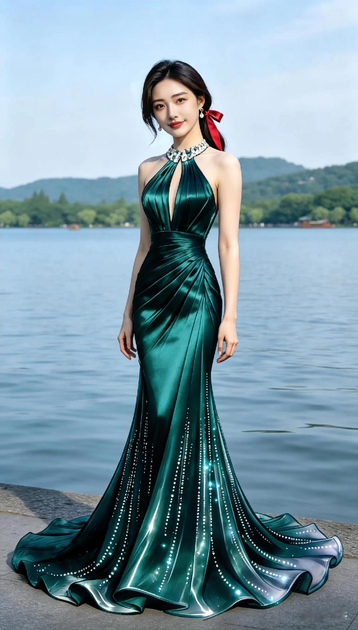 如何把“礼服”穿出高级感?
她身着一袭璀璨的礼服，如同瀑布般流淌的线条，将她的身