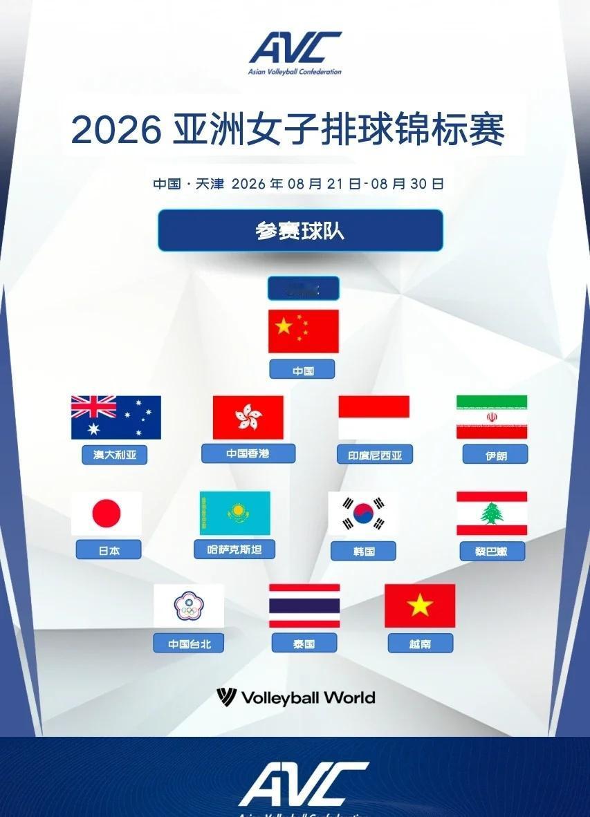 2026年女排亚锦赛参赛球队
冠军直接获得2028年奥运会参赛资格
前三名获得2