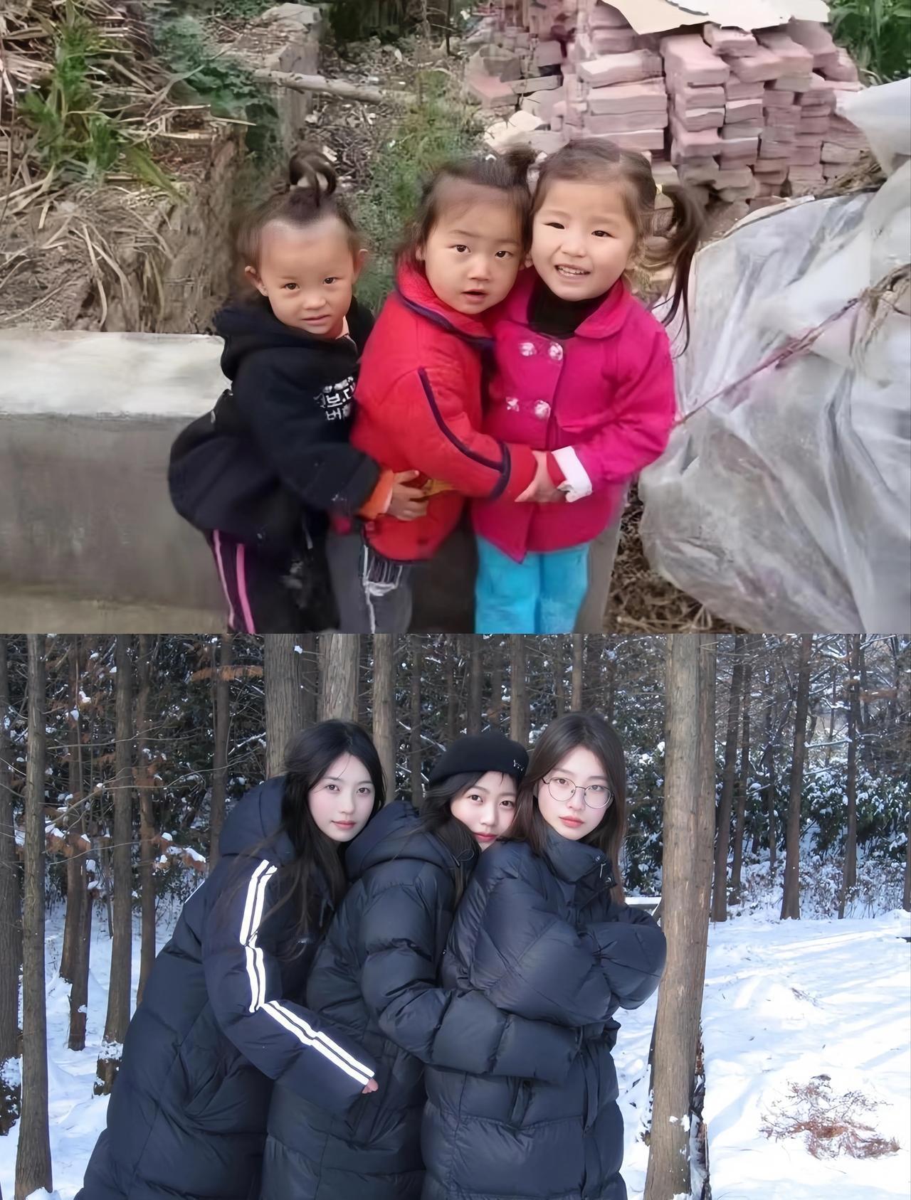 三个儿时的小姐妹相隔15年的留影。
曾经的小孩，如今变成貌美如花的大姑娘了。