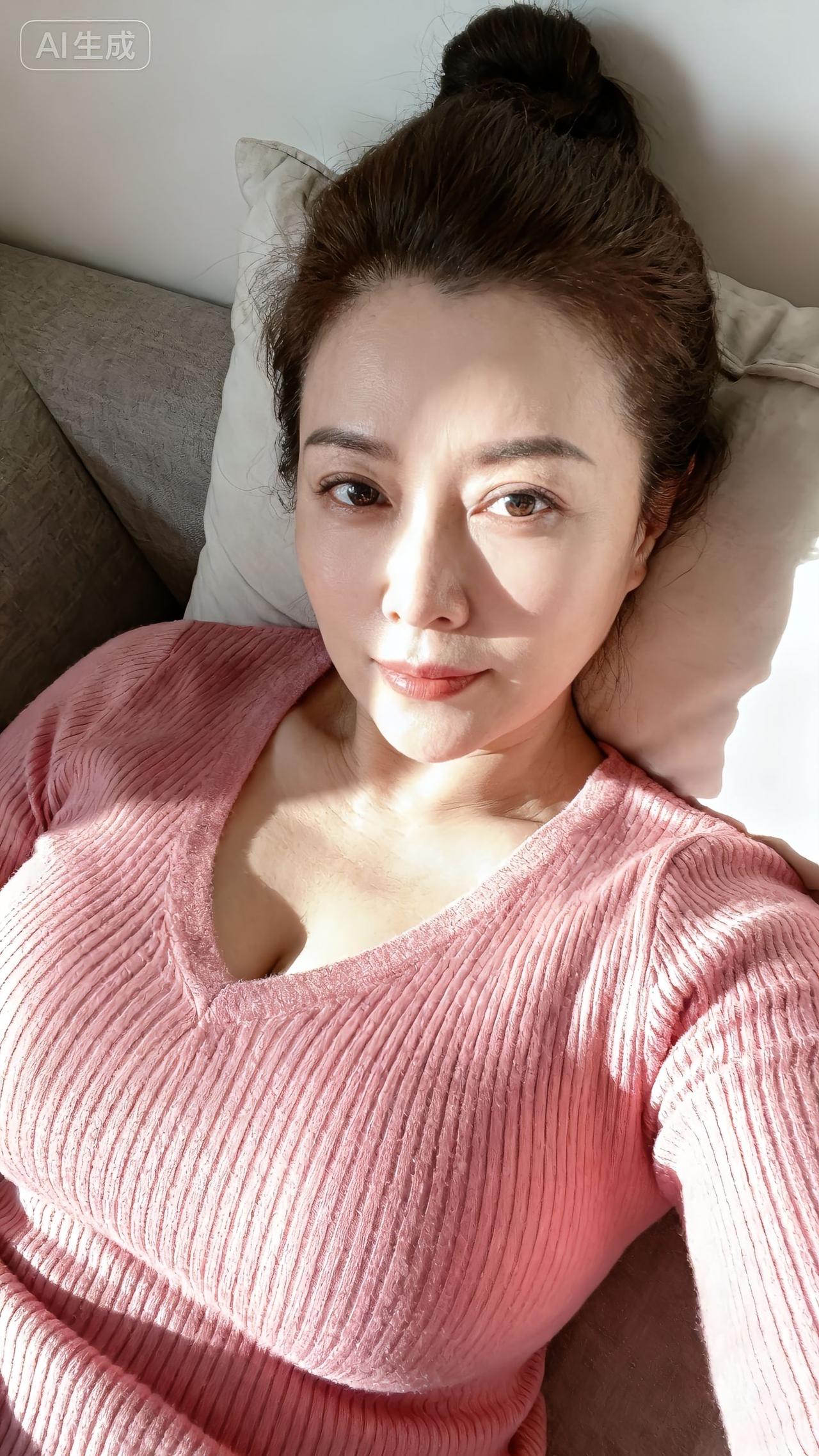 慵懒午后，粉衣少女，阳光洒落，温暖如春。