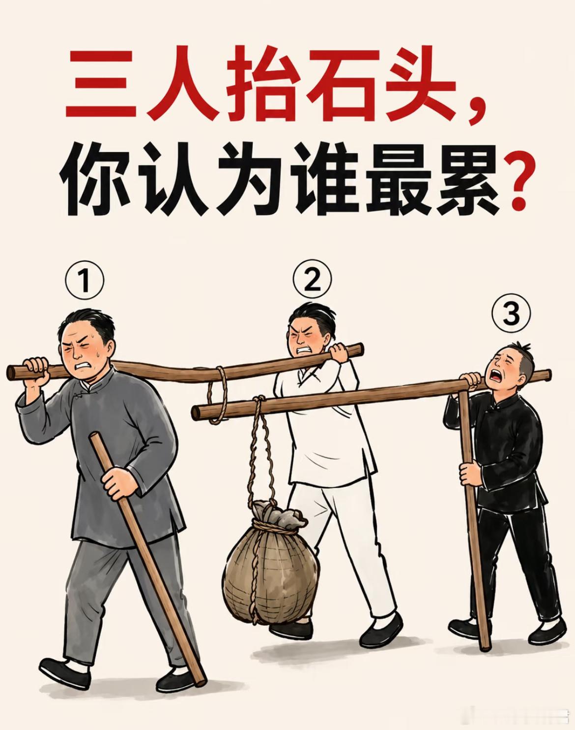 三人抬石头，你认为谁最累？ 