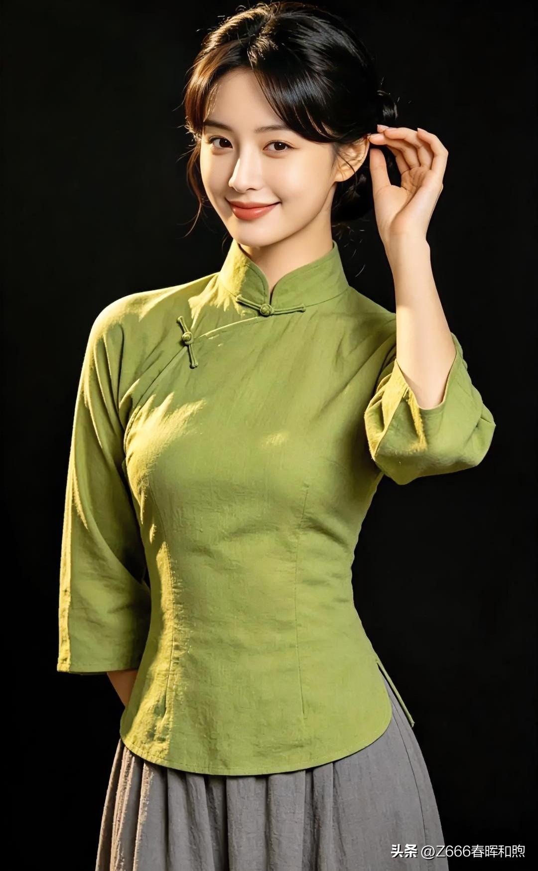 豆绿衫影映东方韵，盘扣轻系温婉情。青丝半绾，笑意浅漾，于暗影中绽放如初夏新叶，清