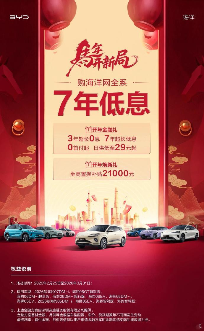 比亚迪海洋网全系3年超长免息 7年超长低息，从2月25日开始，3月31日截止。包