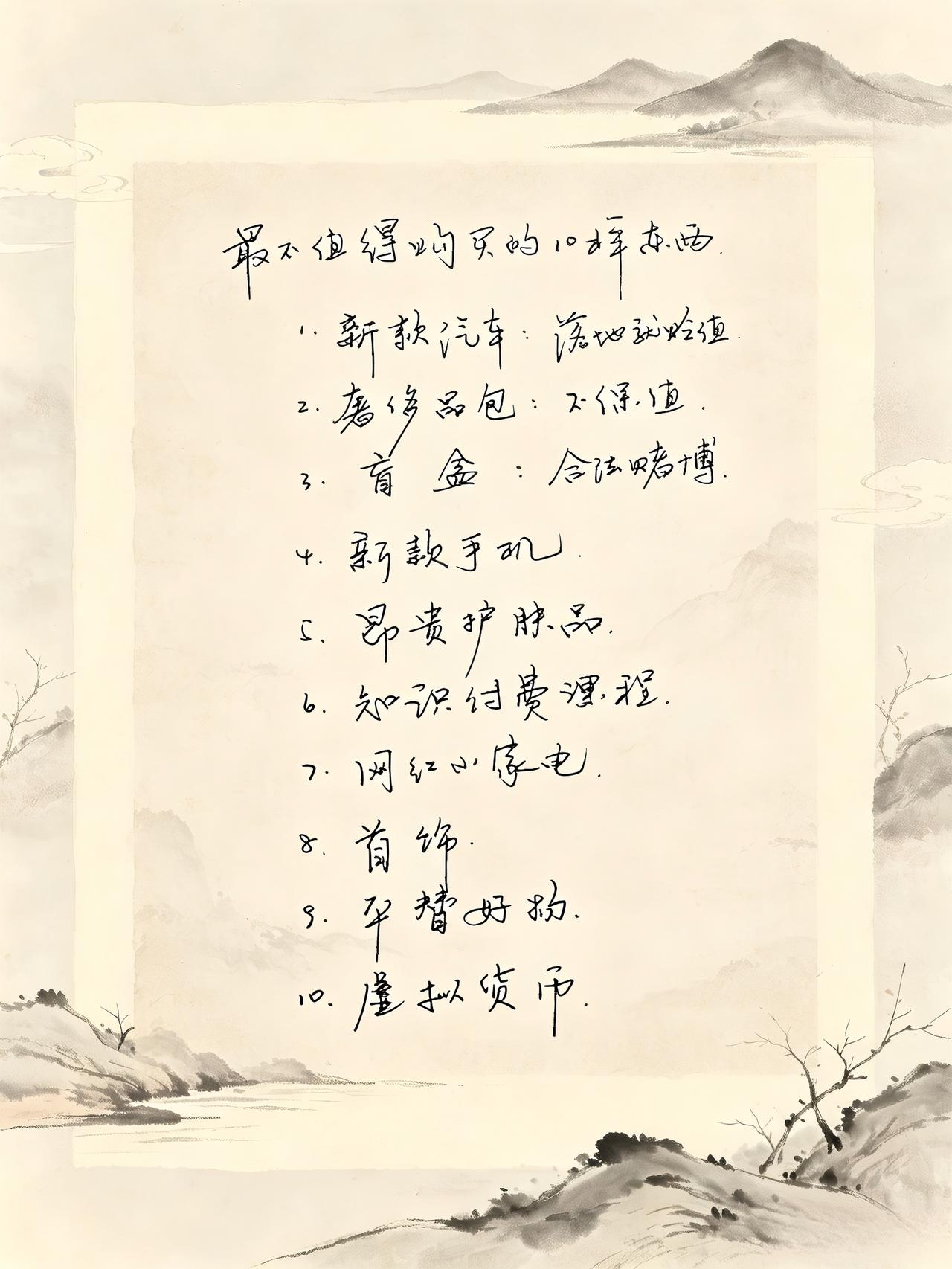 最不值得购买的10样东西：
新款汽车：落地就贬值。
奢侈品包：不保值。
盲盒：合