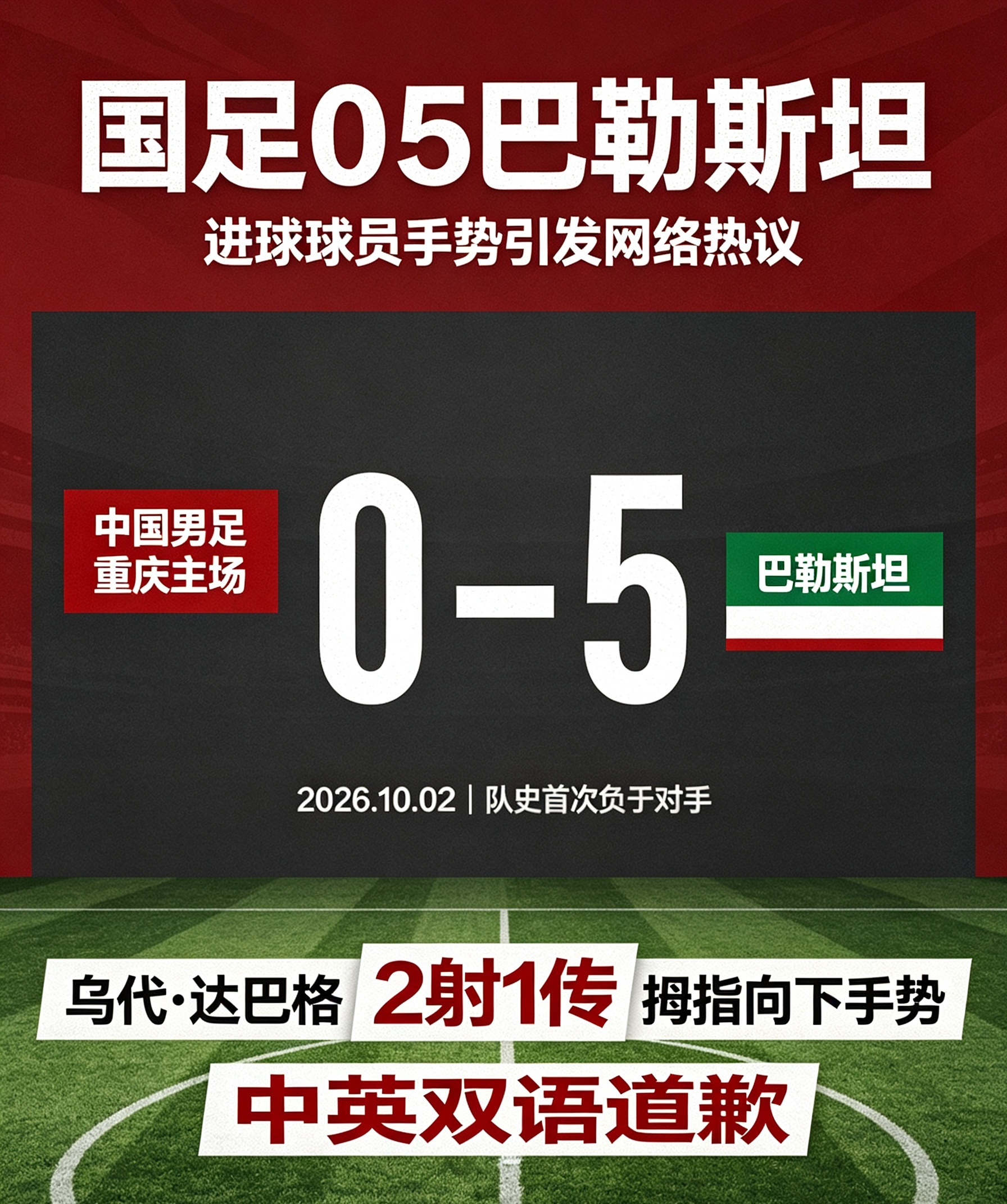 10月2日，重庆CFA友谊赛，国足0比5巴勒斯坦，队史首次输给对手，加上上一场0