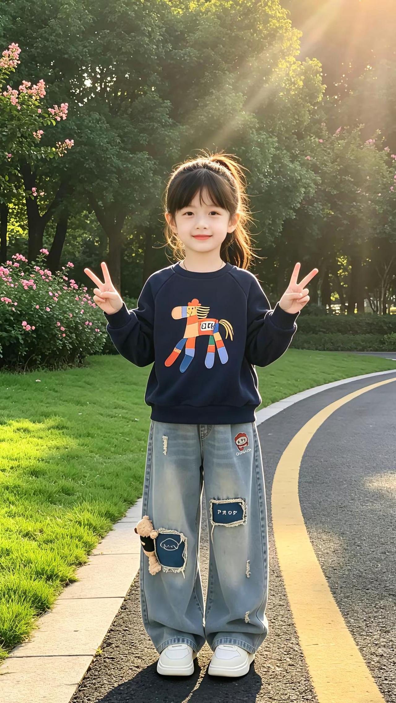 女童宝藏穿搭✨ 萌娃专属套装来啦！藏青卡通卫衣搭配贴布牛仔裤，童趣满满又耐穿👧