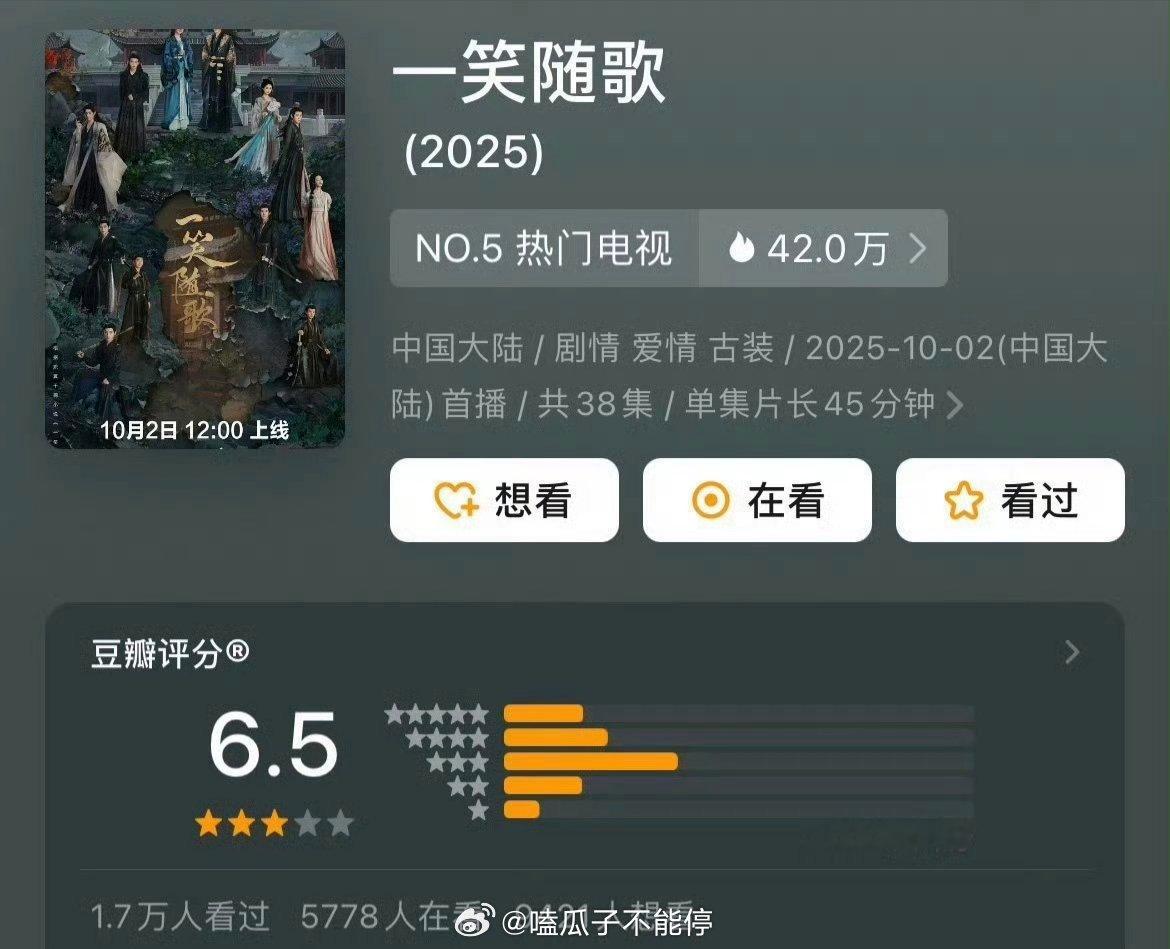 李沁陈哲远《一笑随歌》豆瓣开分6.5，2w➕人评分，高了低了？ ​​​