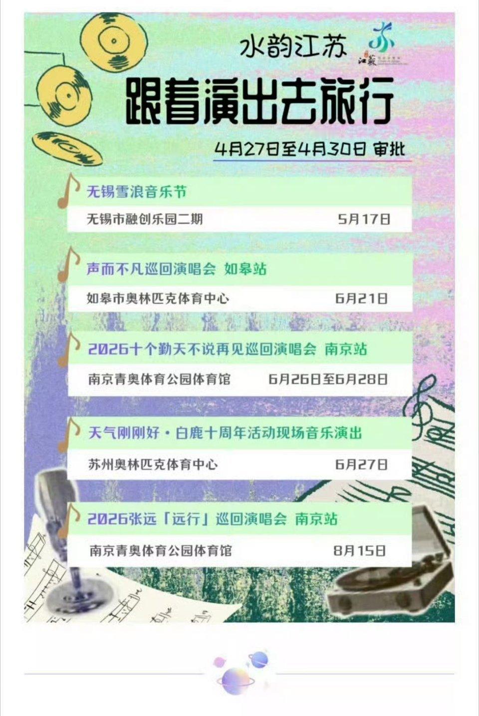 江苏文旅发的演出审批有白鹿6月27号在苏州奥林匹克体育中心十周年演出活动，这个白