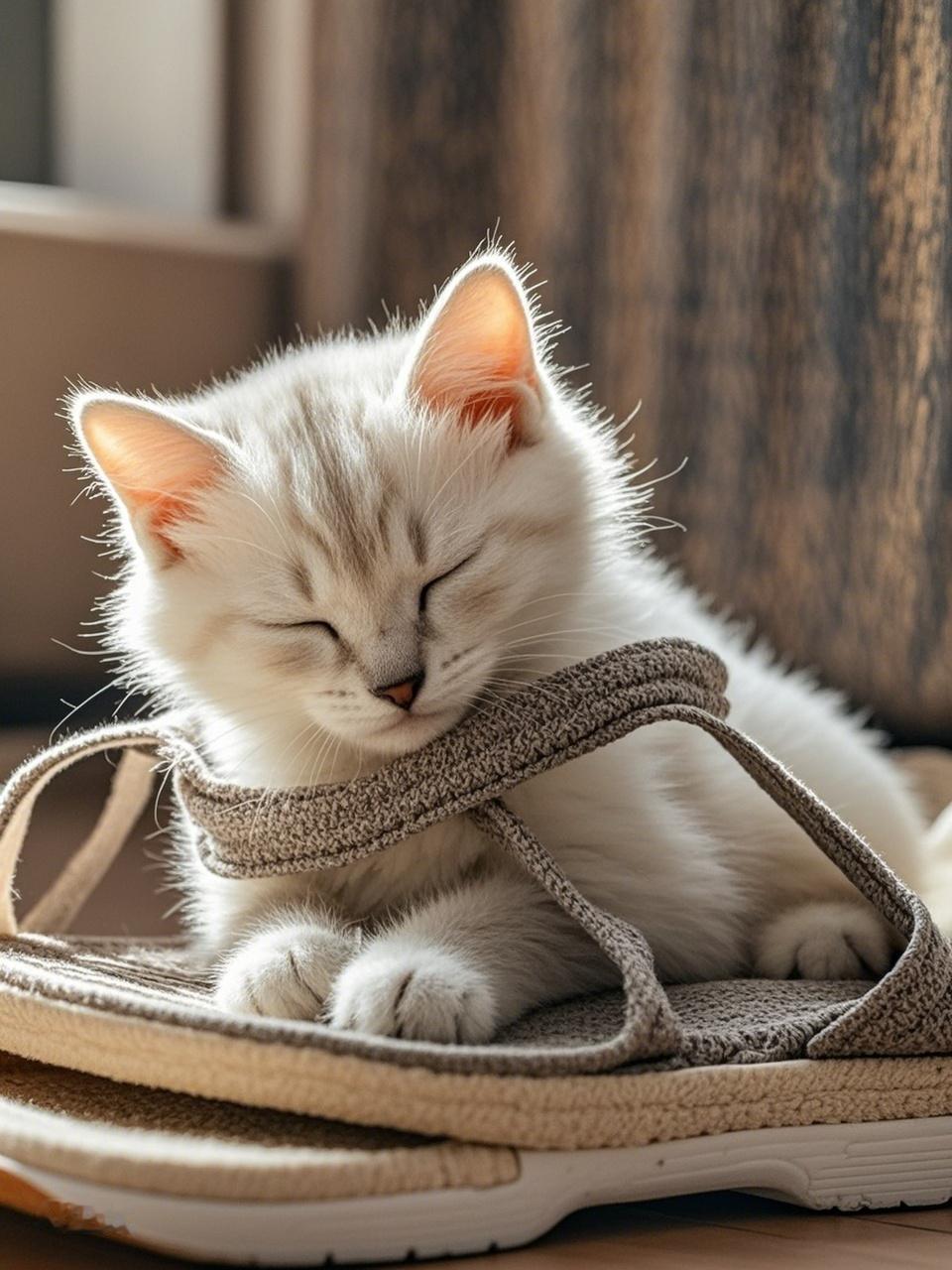 我没现成照片，但我家猫咪睡觉的模样那叫一个萌。有次我见它像小奶猫一样，在拖鞋里睡