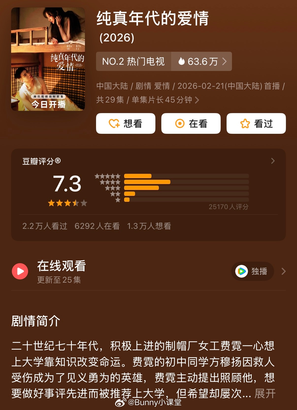 纯真年代的爱情豆瓣开分7.3，2.5万➕人打分，大多数人打了四星，这部剧算爆吗？